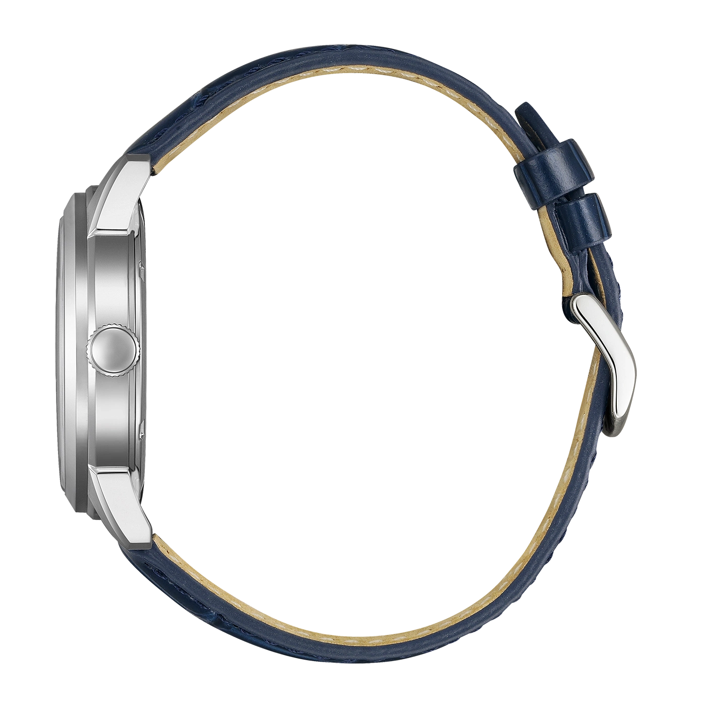 Zijaanzicht van een zilveren horloge met blauw leren bandje en gesp.