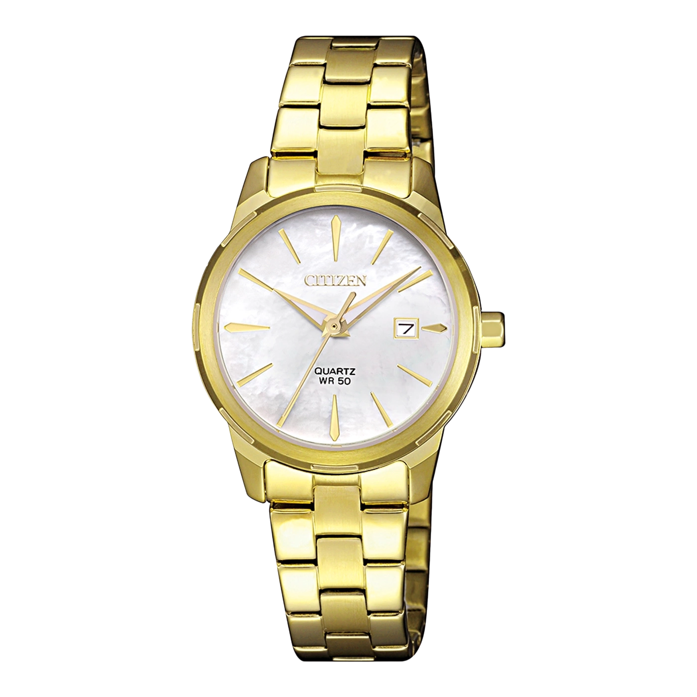 Gouden Citizen horloge met witte wijzerplaat en datumweergave, quartz uurwerk