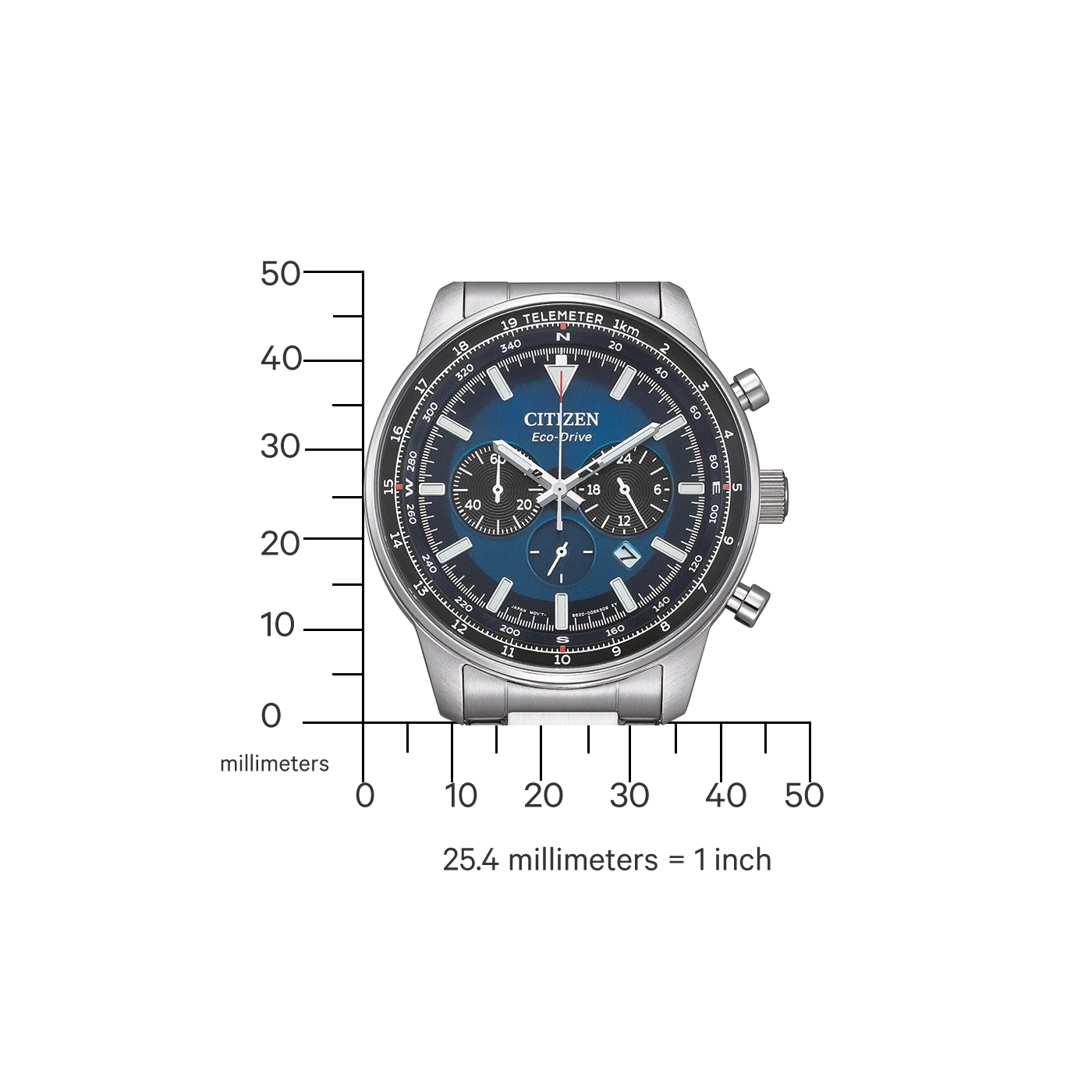 Citizen Eco-Drive horloge met metingen in millimeters en inches, blauwe wijzerplaat.