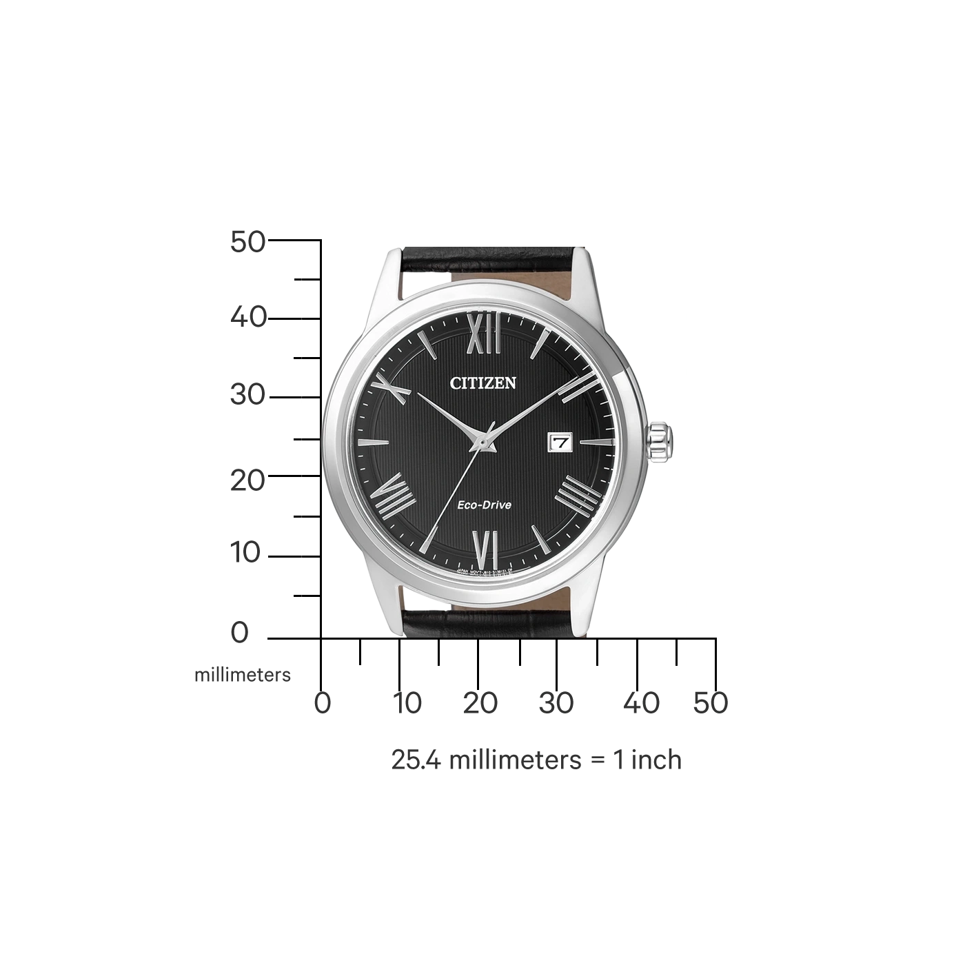 Citizen horloge met zwarte wijzerplaat en leren band, gemeten in millimeters.