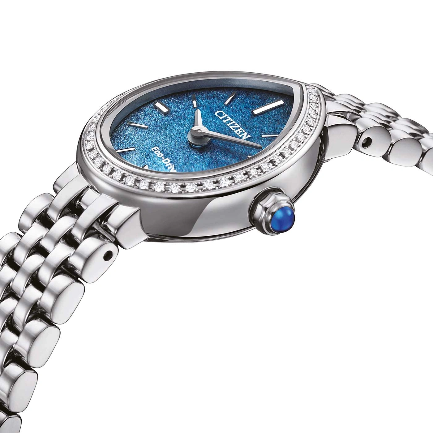 Zilveren Citizen horloge met blauwe wijzerplaat en diamanten