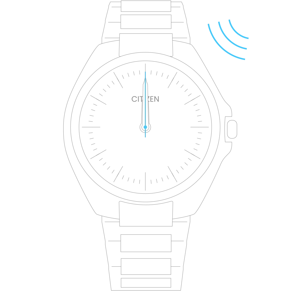 Citizen horloge met zwarte wijzerplaat en blauwe wijzers, die de tijd aangeven.