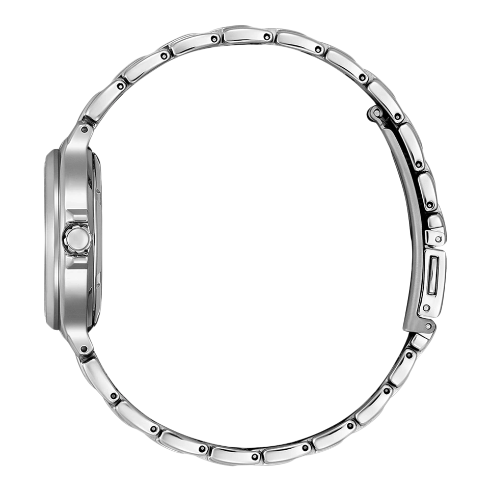 Zilveren horloge met ronde band, zijaanzicht, elegant ontwerp, glanzend metaal