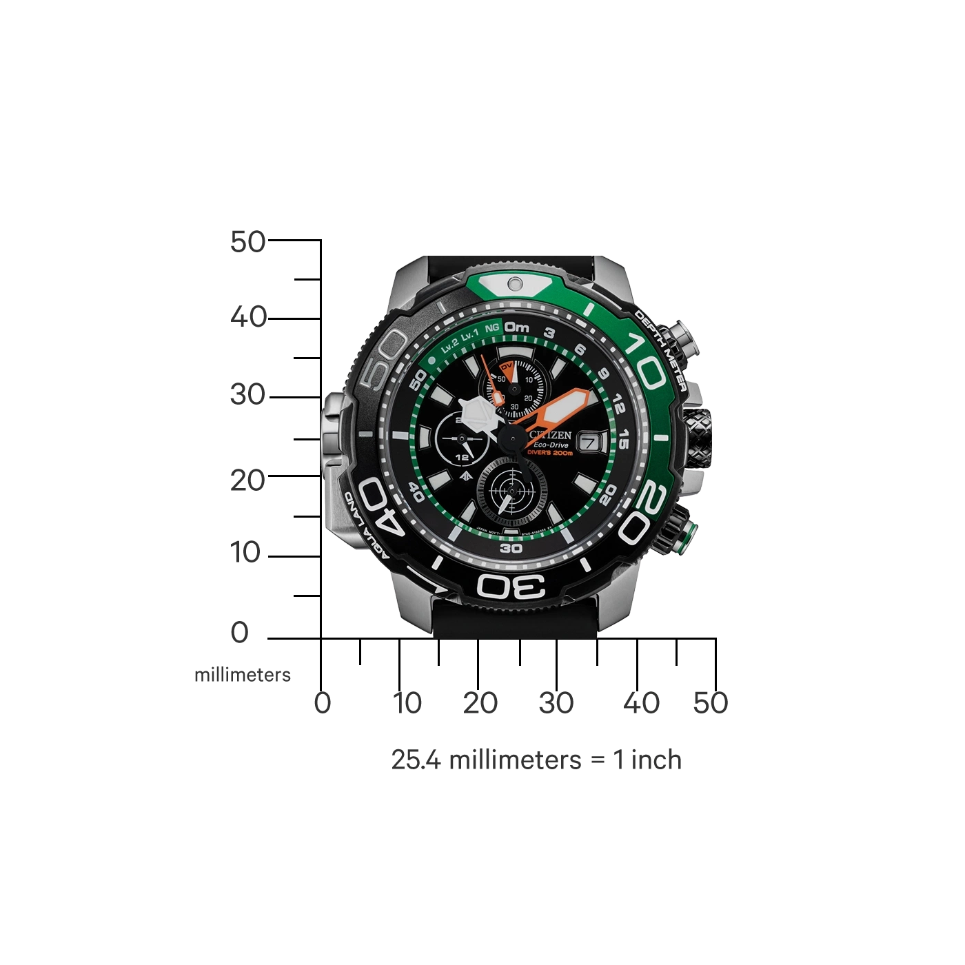Citizen horloge met zwarte en groene details, dieptemeter en Eco-Drive.