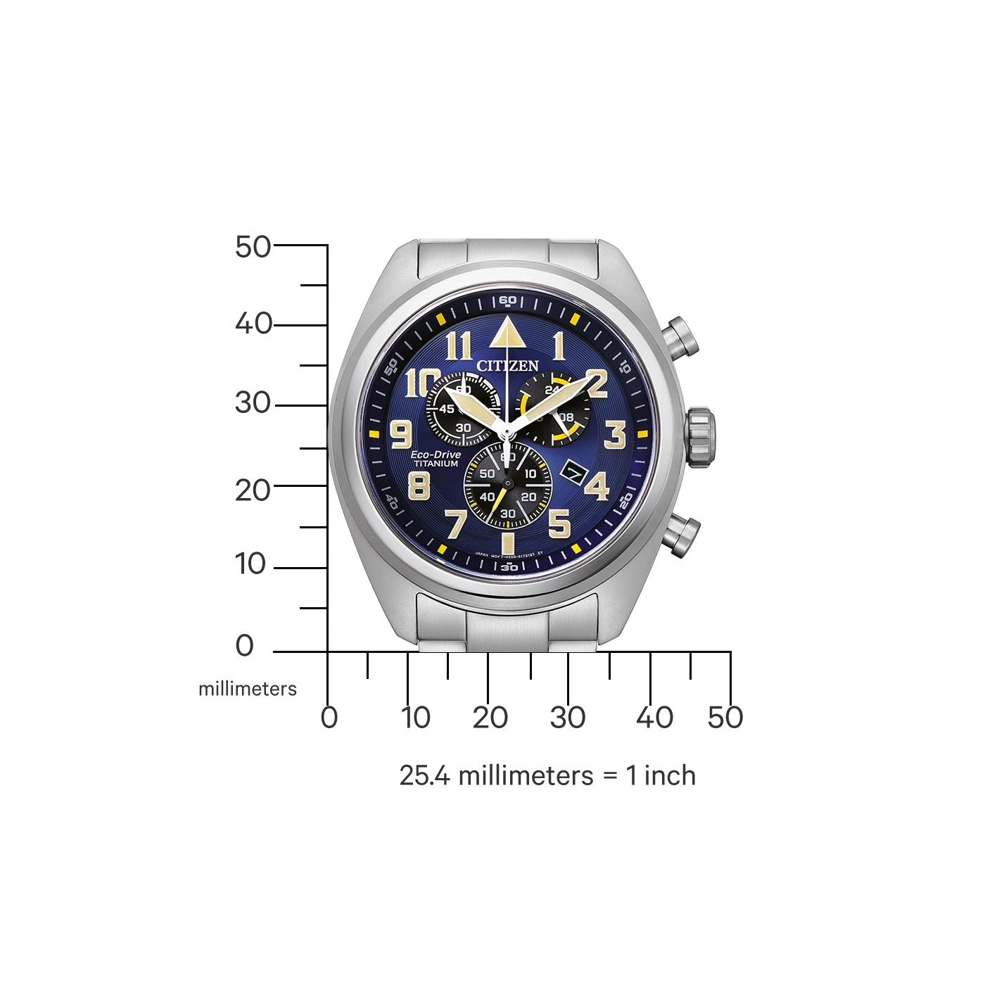 Citizen horloge met blauwe wijzerplaat, titanium, chronograaf en Eco-Drive technologie.