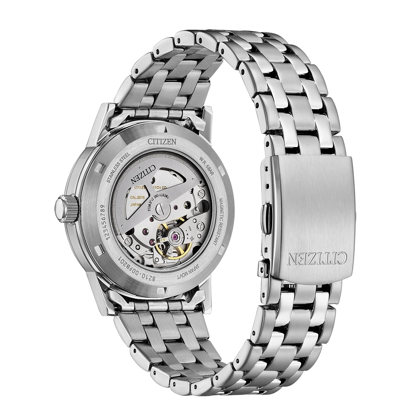 Achterkant van een Citizen automatisch horloge van roestvrij staal met zichtbaar uurwerk.