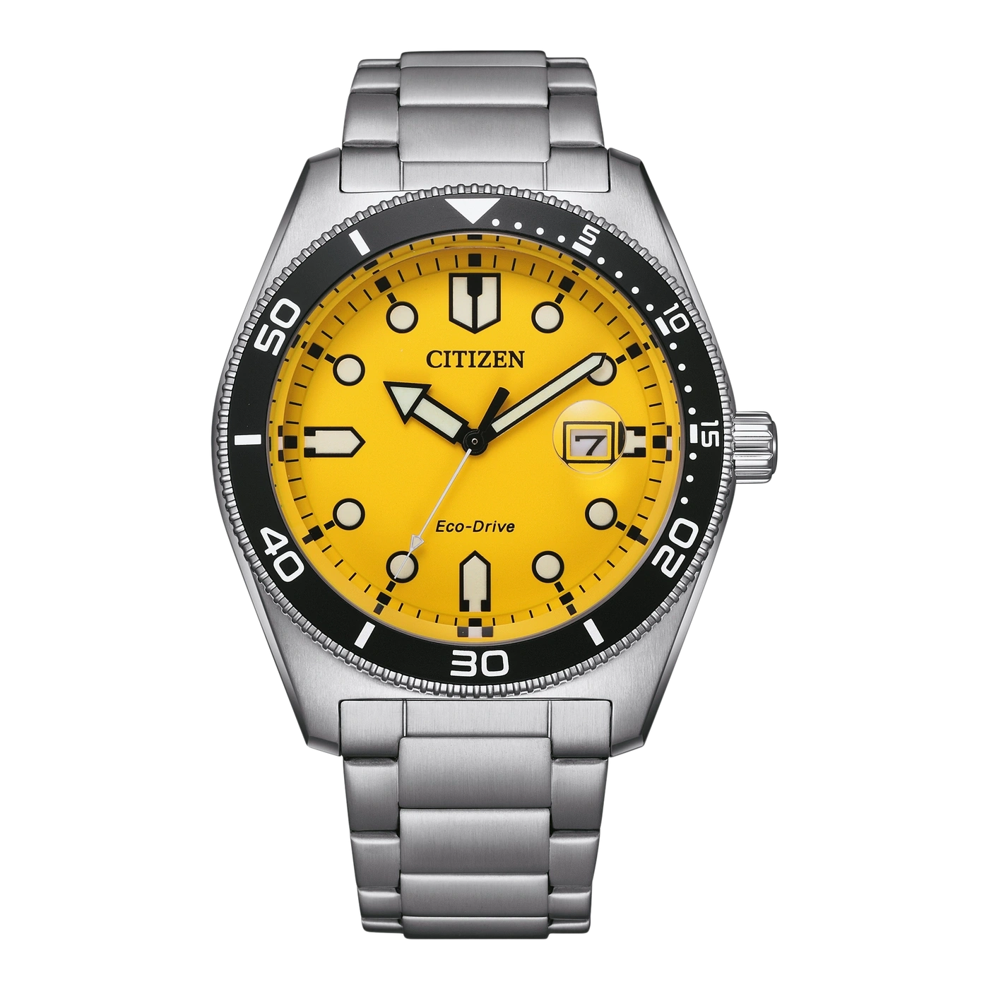 Citizen horloge met gele wijzerplaat en zwarte bezel, roestvrijstalen armband