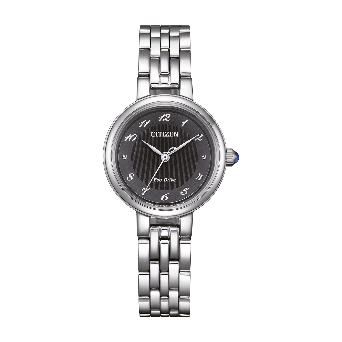 Citizen horloge met zwarte wijzerplaat, zilveren band en Eco-Drive technologie.