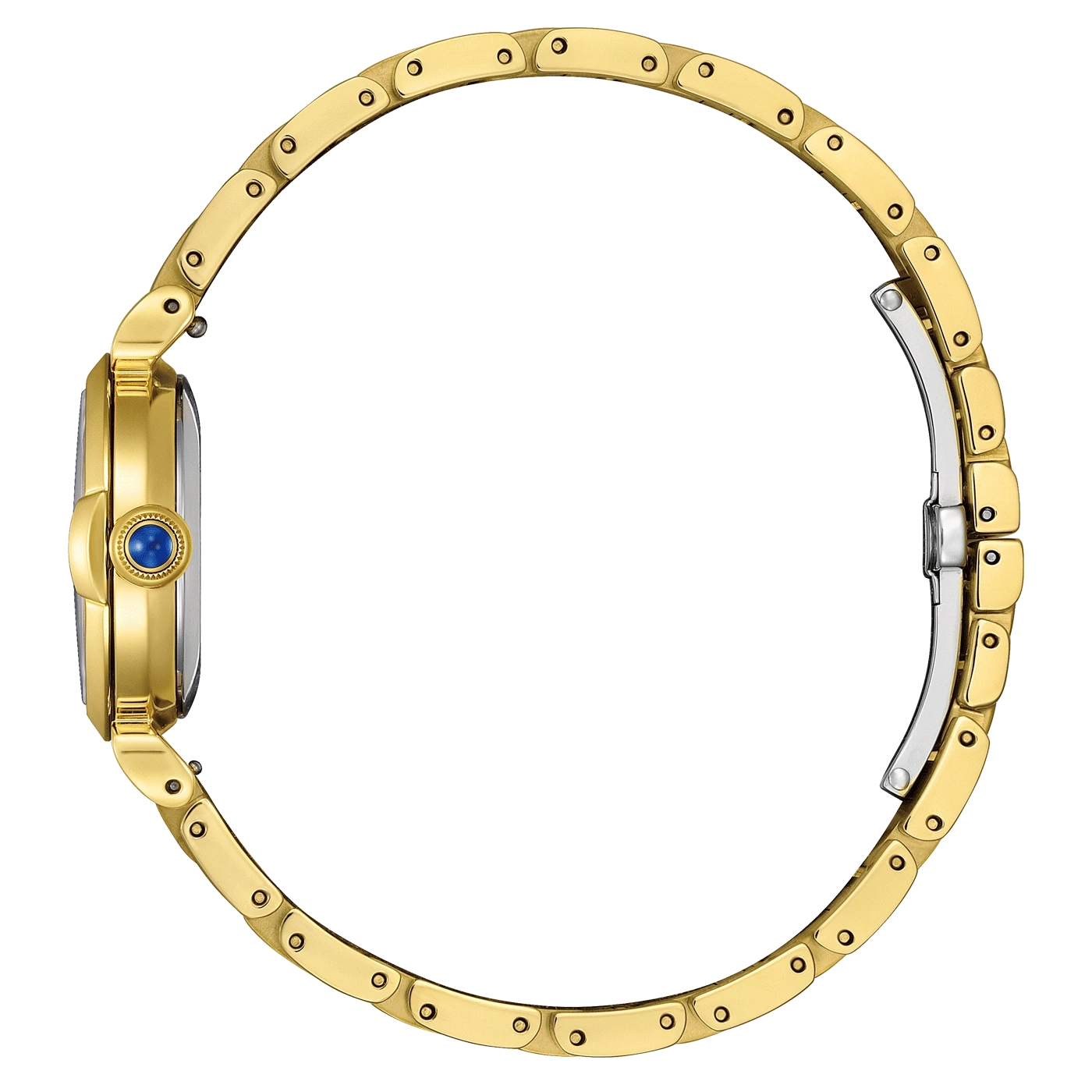 Gouden horloge met blauwe edelsteen, zijaanzicht, elegant design, luxe accessoire
