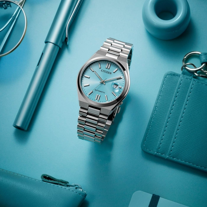 Citizen horloge, pen, bril en accessoires op blauwe ondergrond.