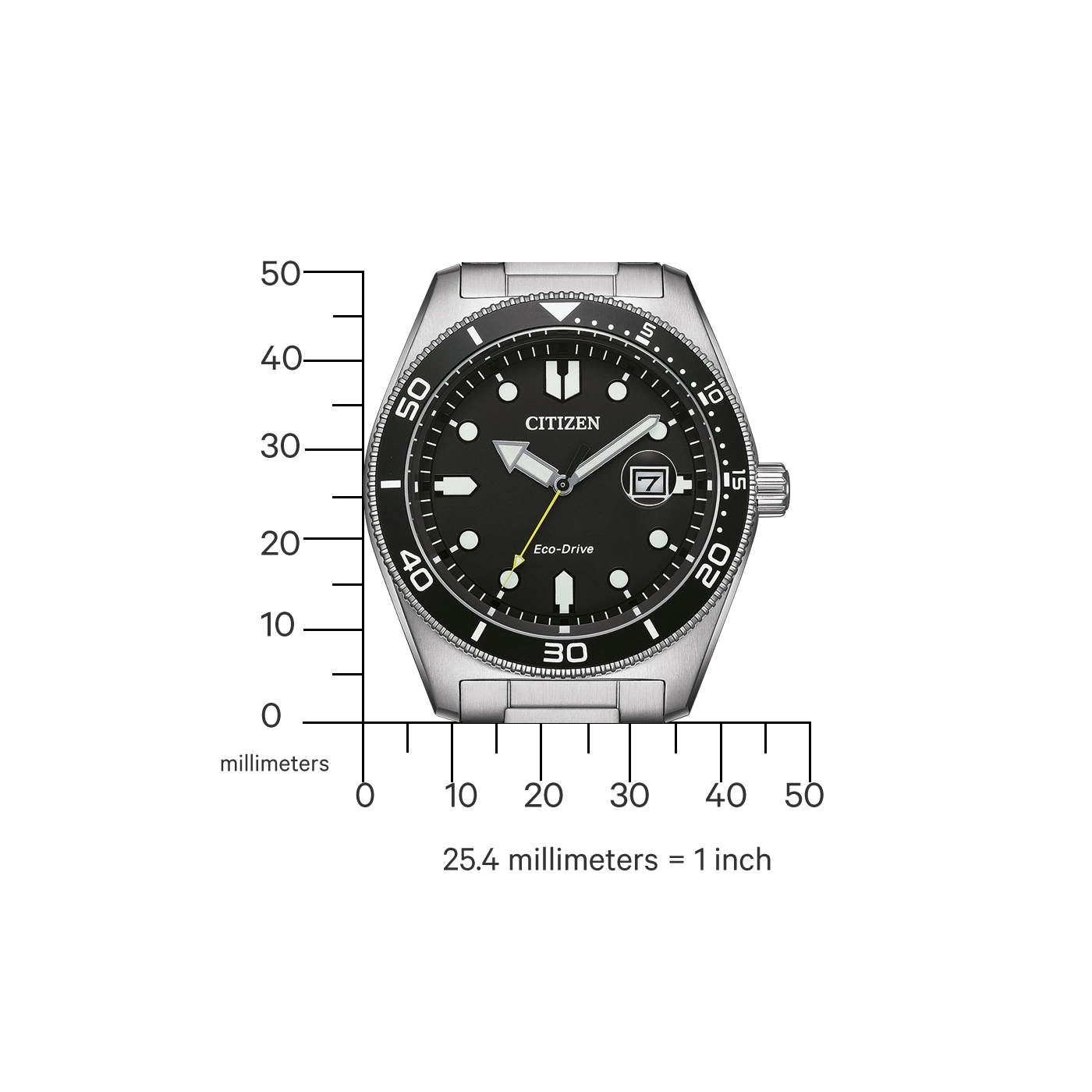 Citizen horloge met zwarte wijzerplaat, Eco-Drive en een schaal in millimeters.