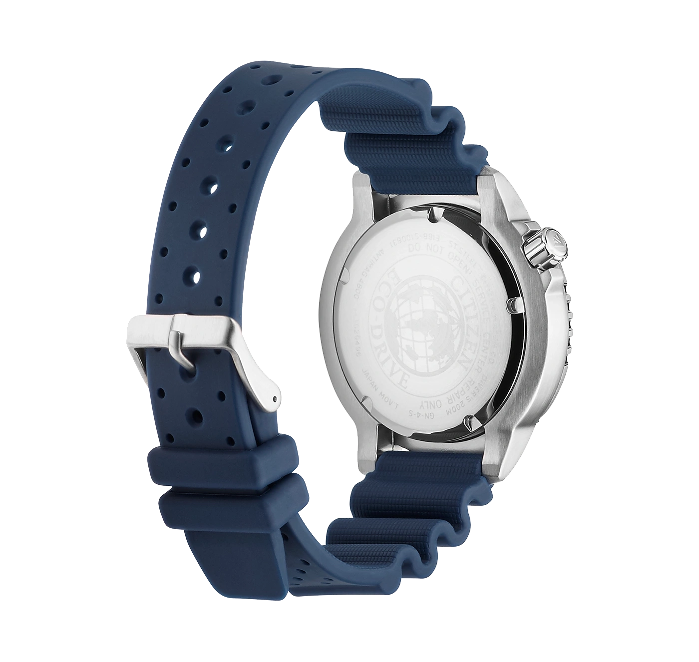 Citizen horloge met blauwe band, achteraanzicht, roestvrijstalen kast, duikhorloge