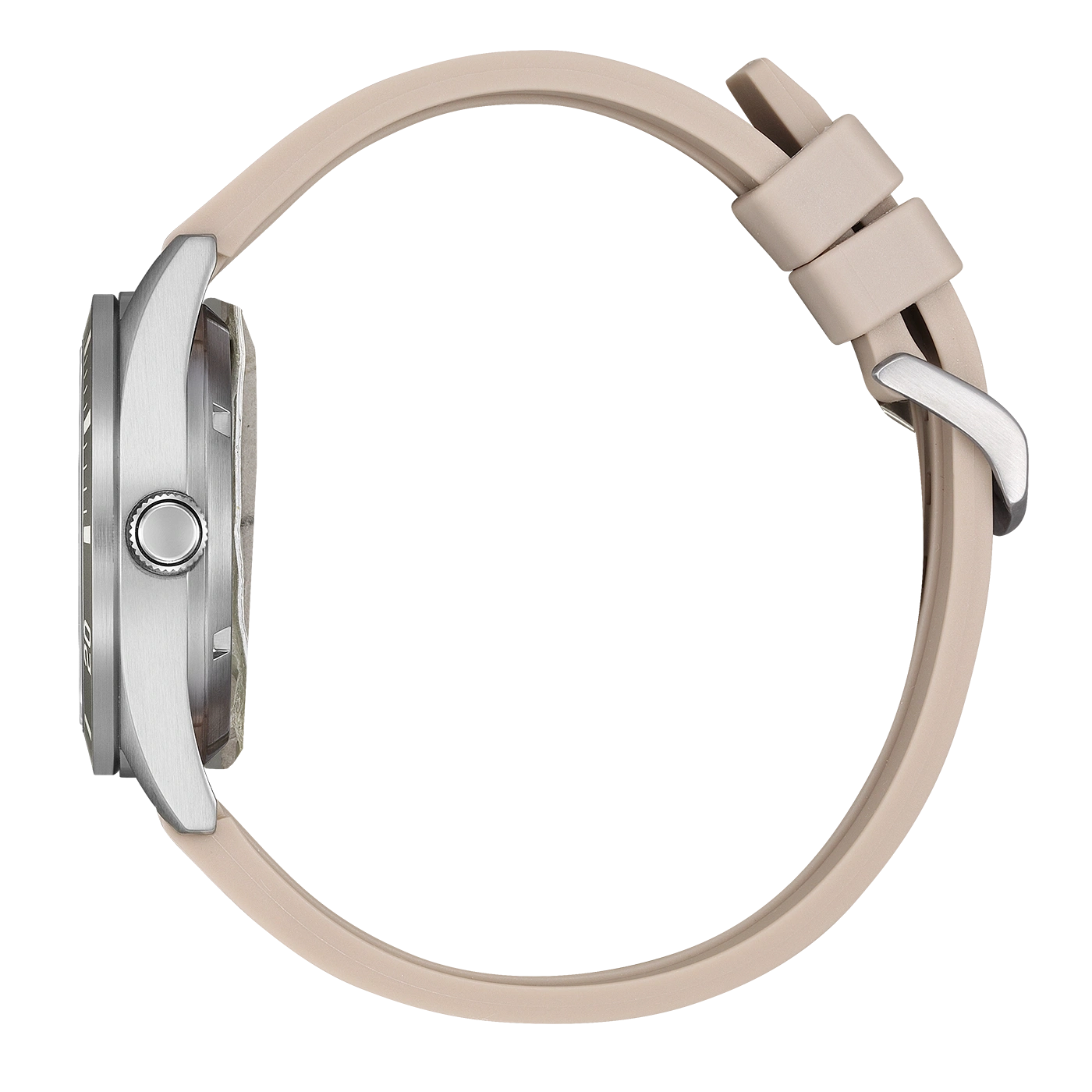 Zijaanzicht van een beige horloge met zilveren gesp en kroon.