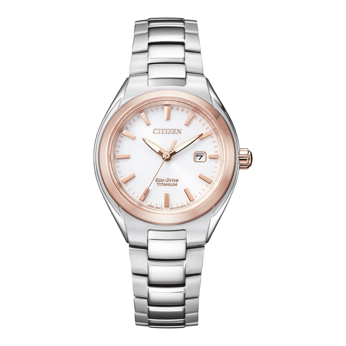 Citizen Eco-Drive Titanium horloge met witte wijzerplaat en roségouden accenten.