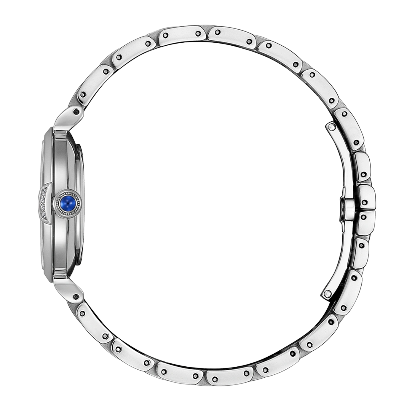 Een zilveren horloge met een blauwe edelsteen aan de zijkant.