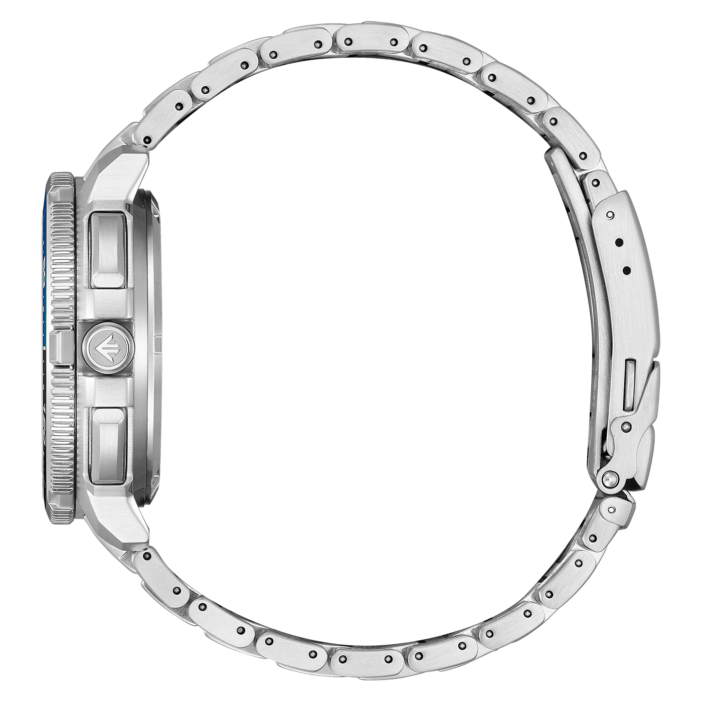 Zijaanzicht van een roestvrijstalen horloge met blauwe wijzerplaat.