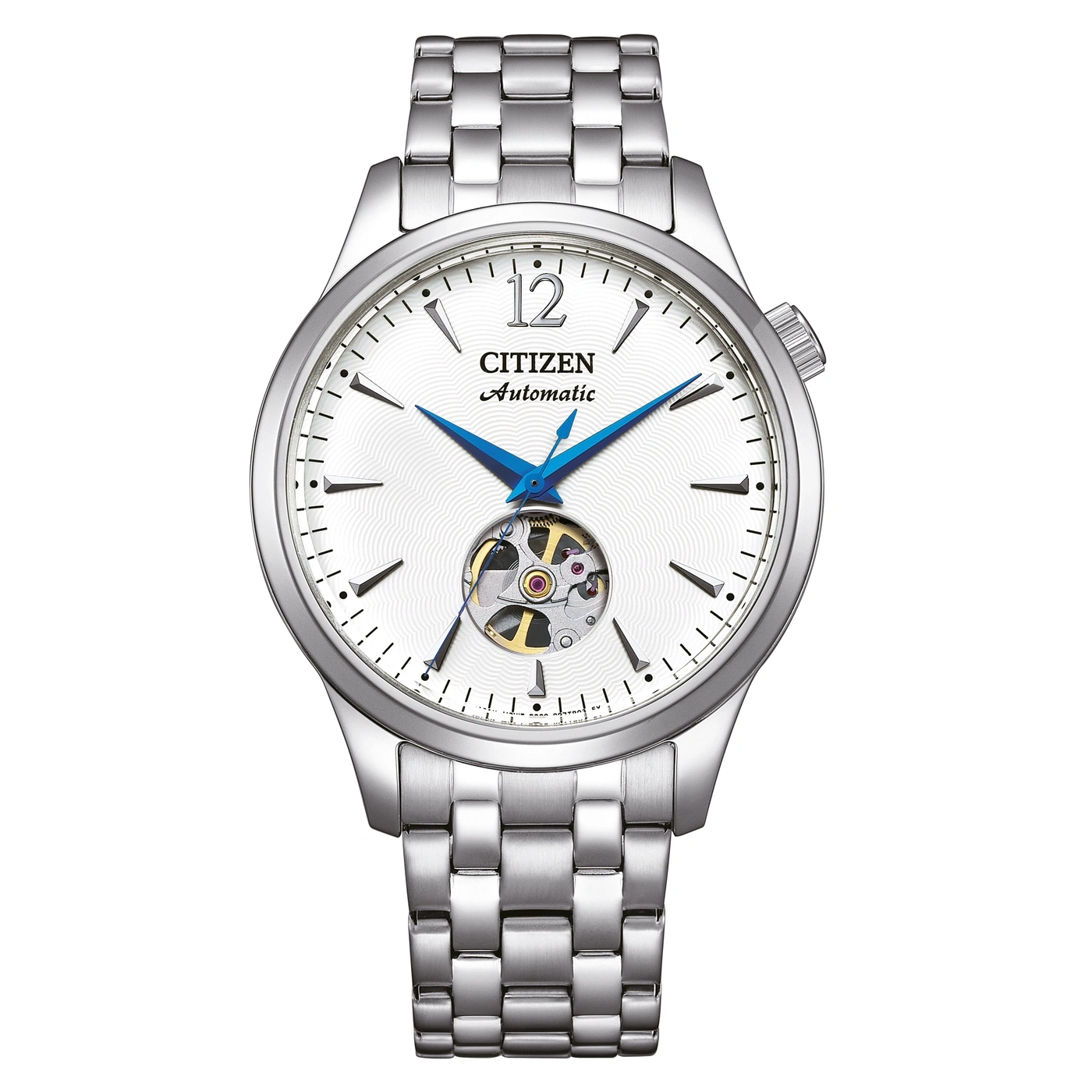 Citizen automatisch horloge met zilveren band en blauwe wijzers op witte wijzerplaat.