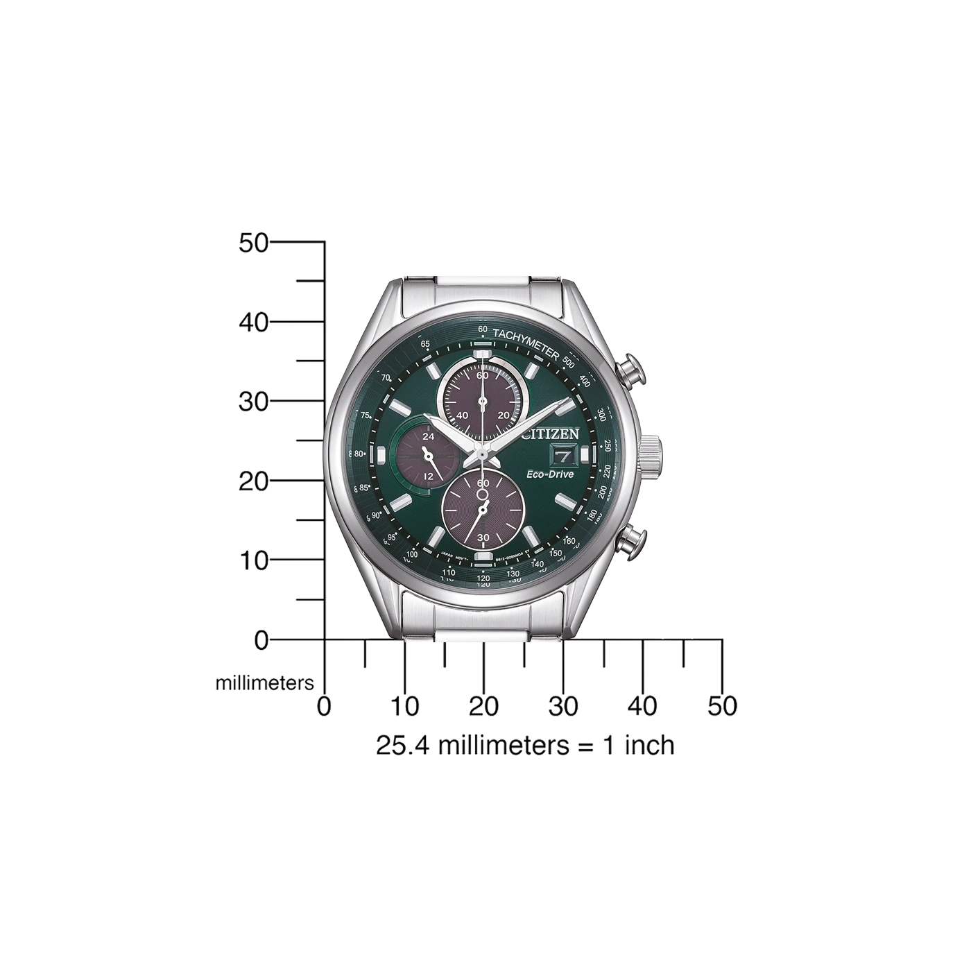 Citizen horloge met tachymeter, Eco-Drive en millimeterschaal voor vergelijking.