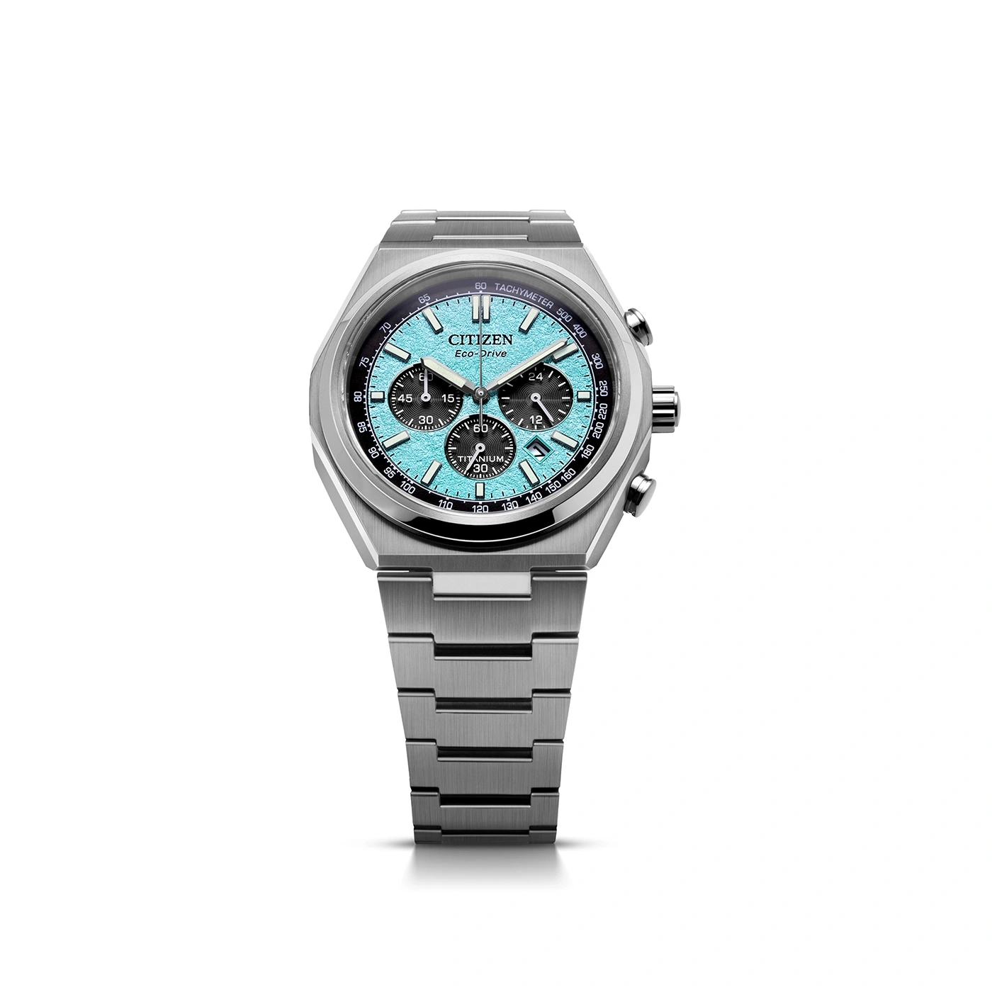 Citizen Eco-Drive horloge met blauwe wijzerplaat en titanium band.
