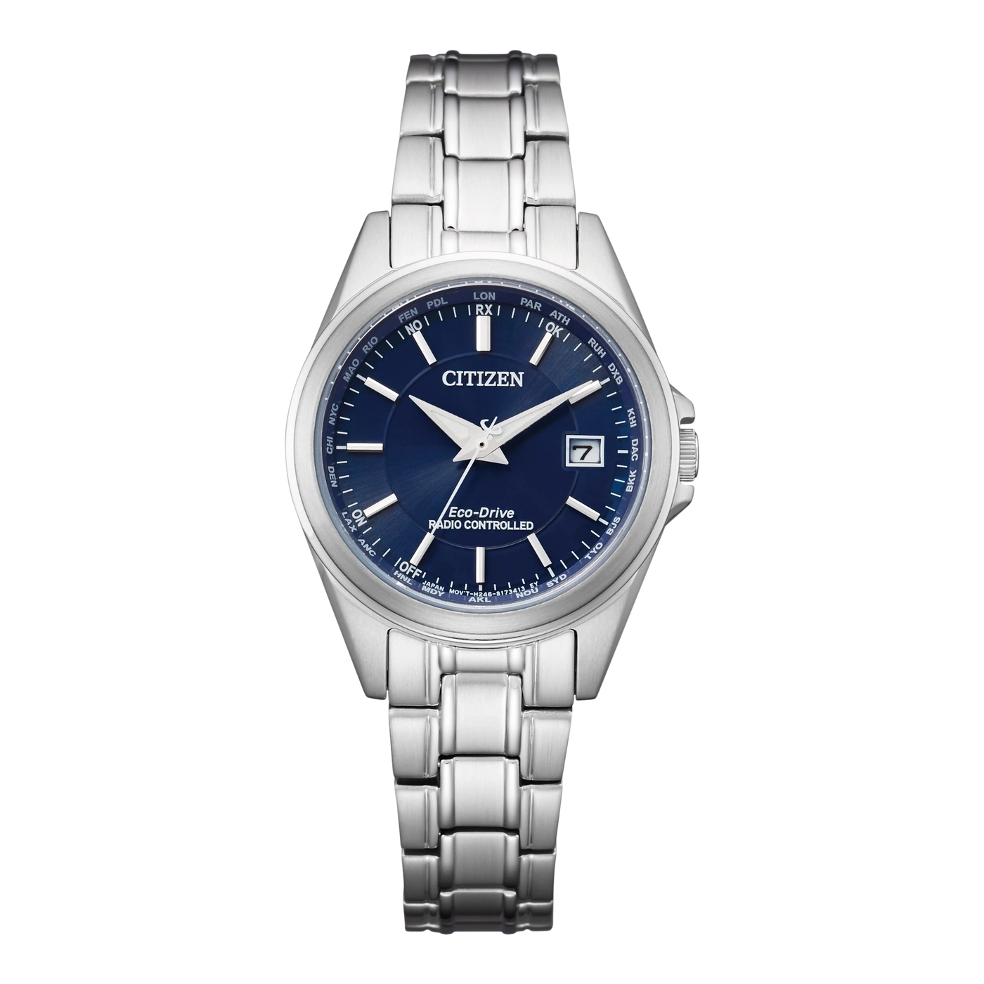 Citizen horloge met blauwe wijzerplaat en zilveren band, Eco-Drive, radiogestuurd