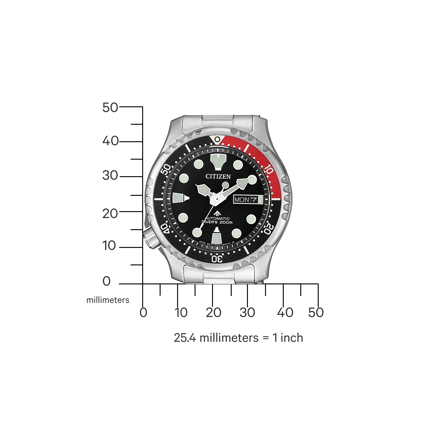 Citizen horloge met zwarte wijzerplaat, rode bezel en meetschaal in millimeters.