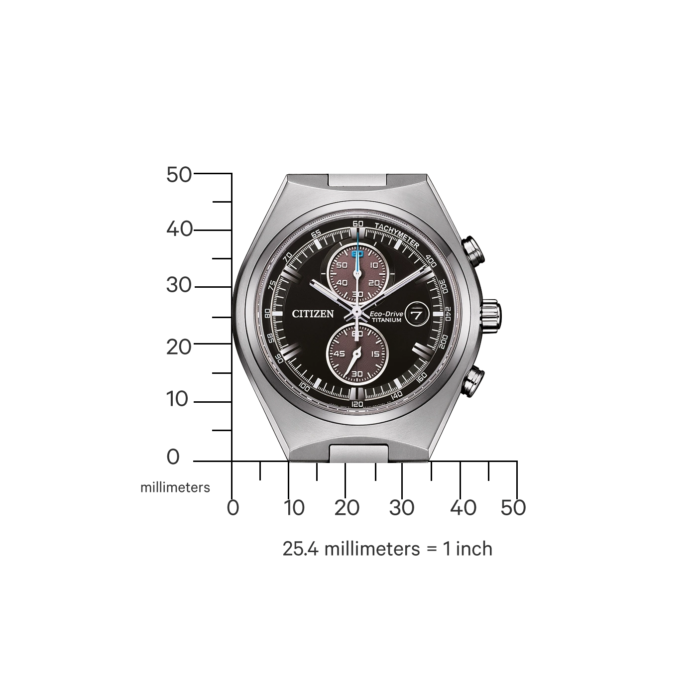 Citizen horloge met zwarte wijzerplaat, titanium, Eco-Drive en chronograaf functies.