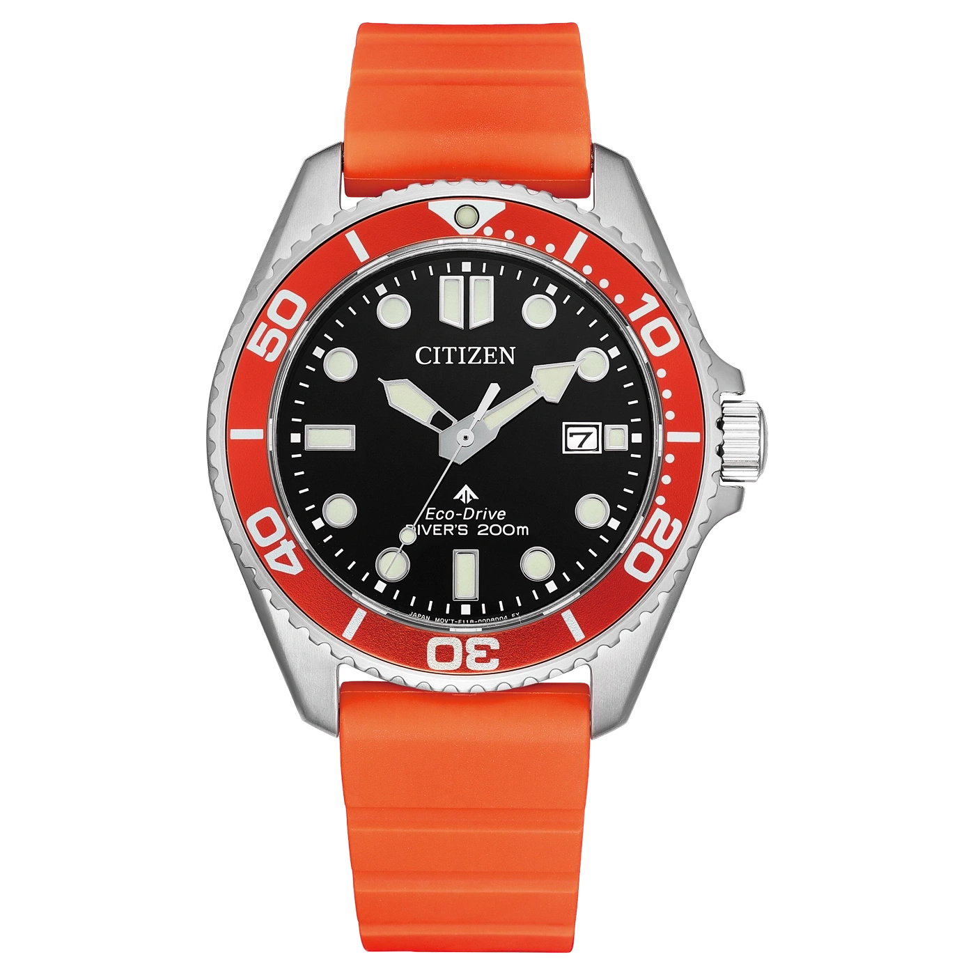 Een zwartgeblakerd Citizen Eco-Drive duikhorloge met oranje rubberen band en rode lunette.