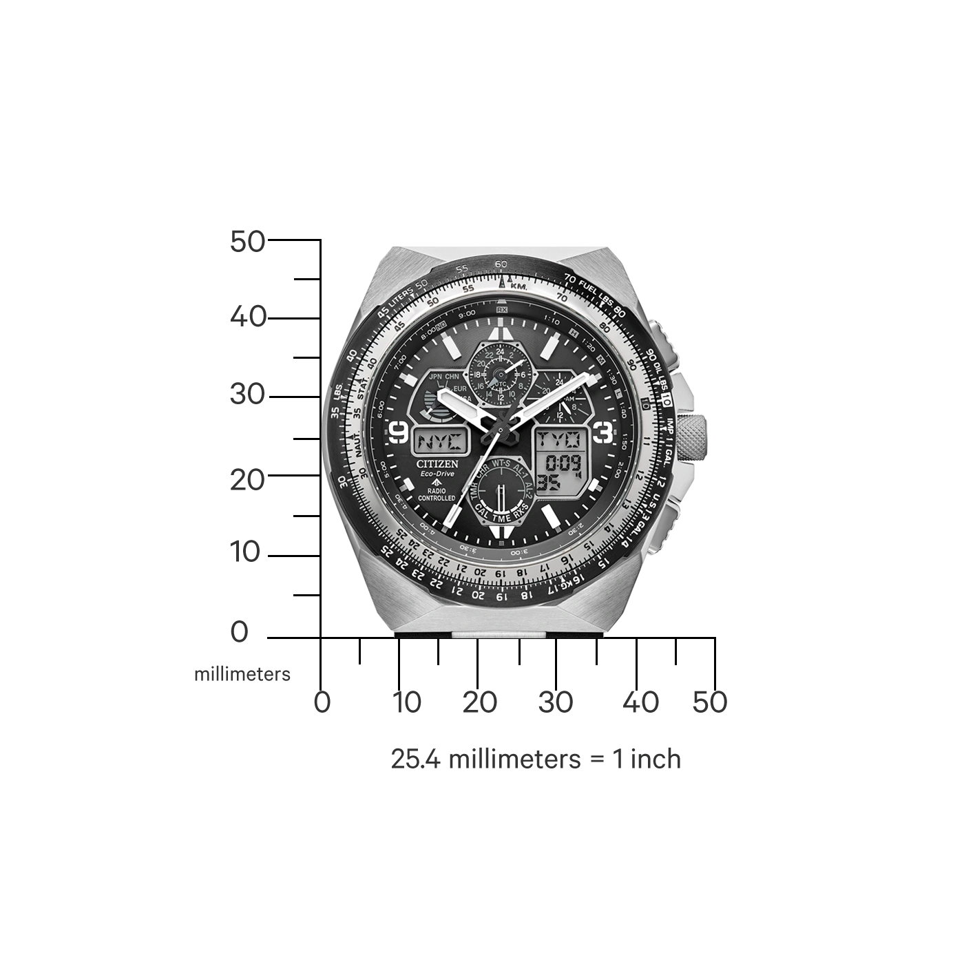 Citizen horloge met zwarte wijzerplaat, zilveren rand en digitale weergave van tijd en datum.