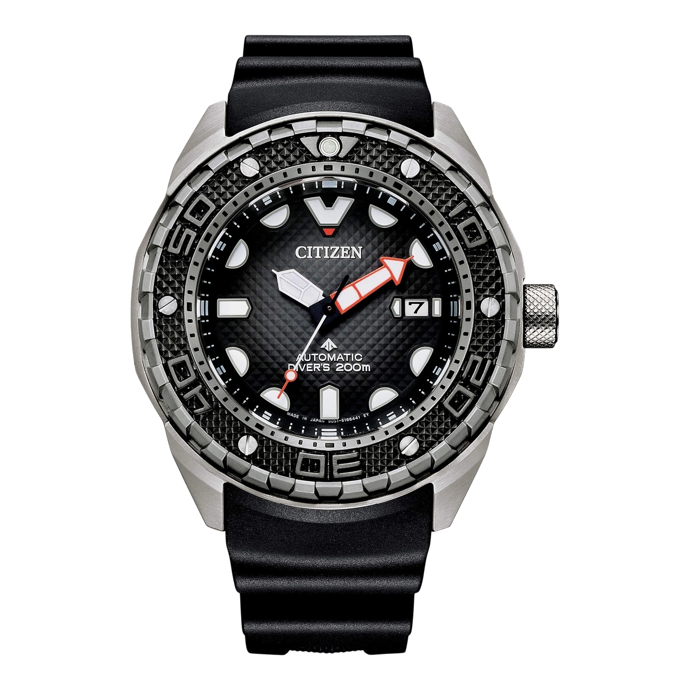 Citizen horloge met zwarte wijzerplaat en rubberen band, automatische duiker 200m.