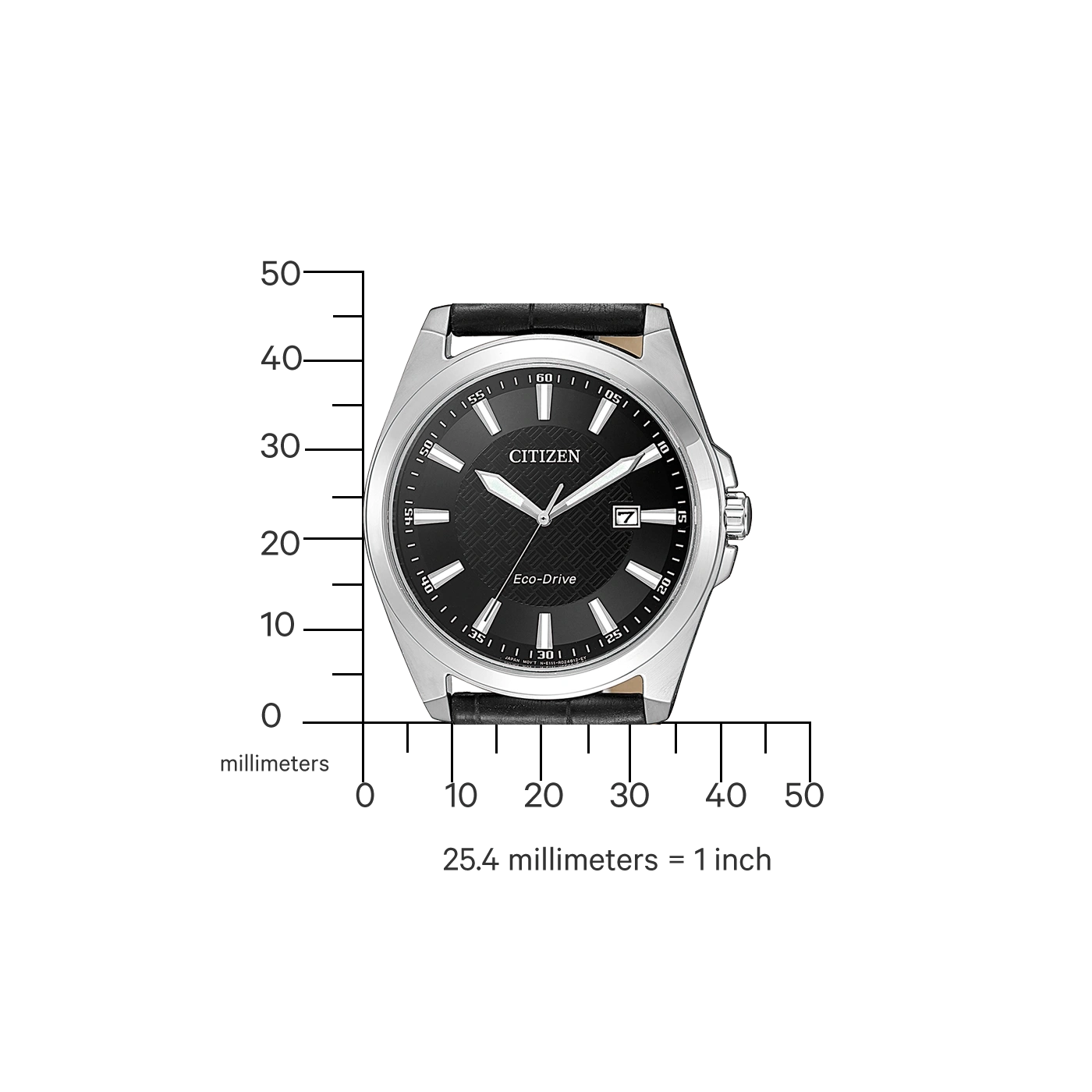 Citizen horloge met zwarte wijzerplaat, zilveren kast en zwarte leren band. Eco-Drive.