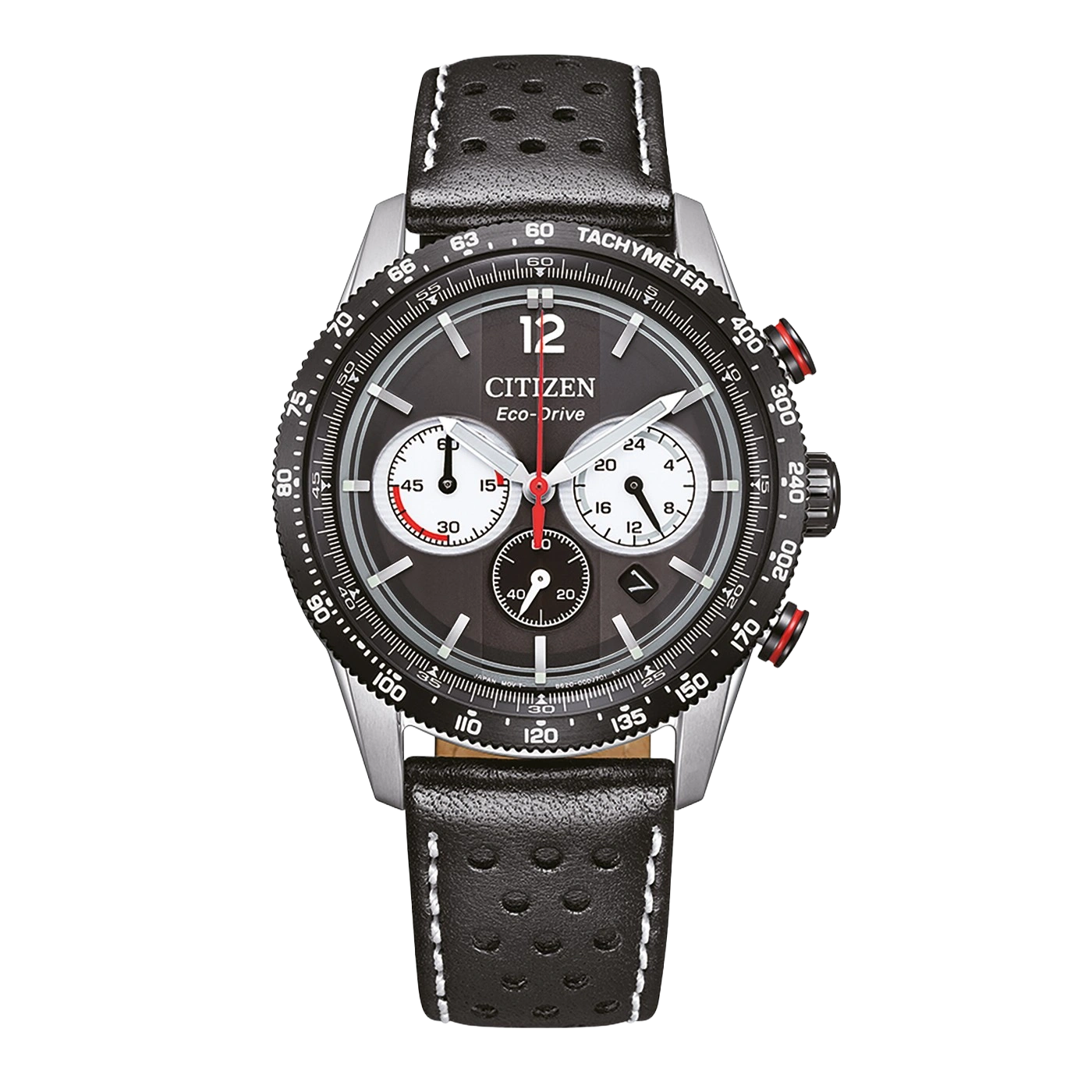 Een zwart Citizen Eco-Drive chronograaf horloge met leren band.