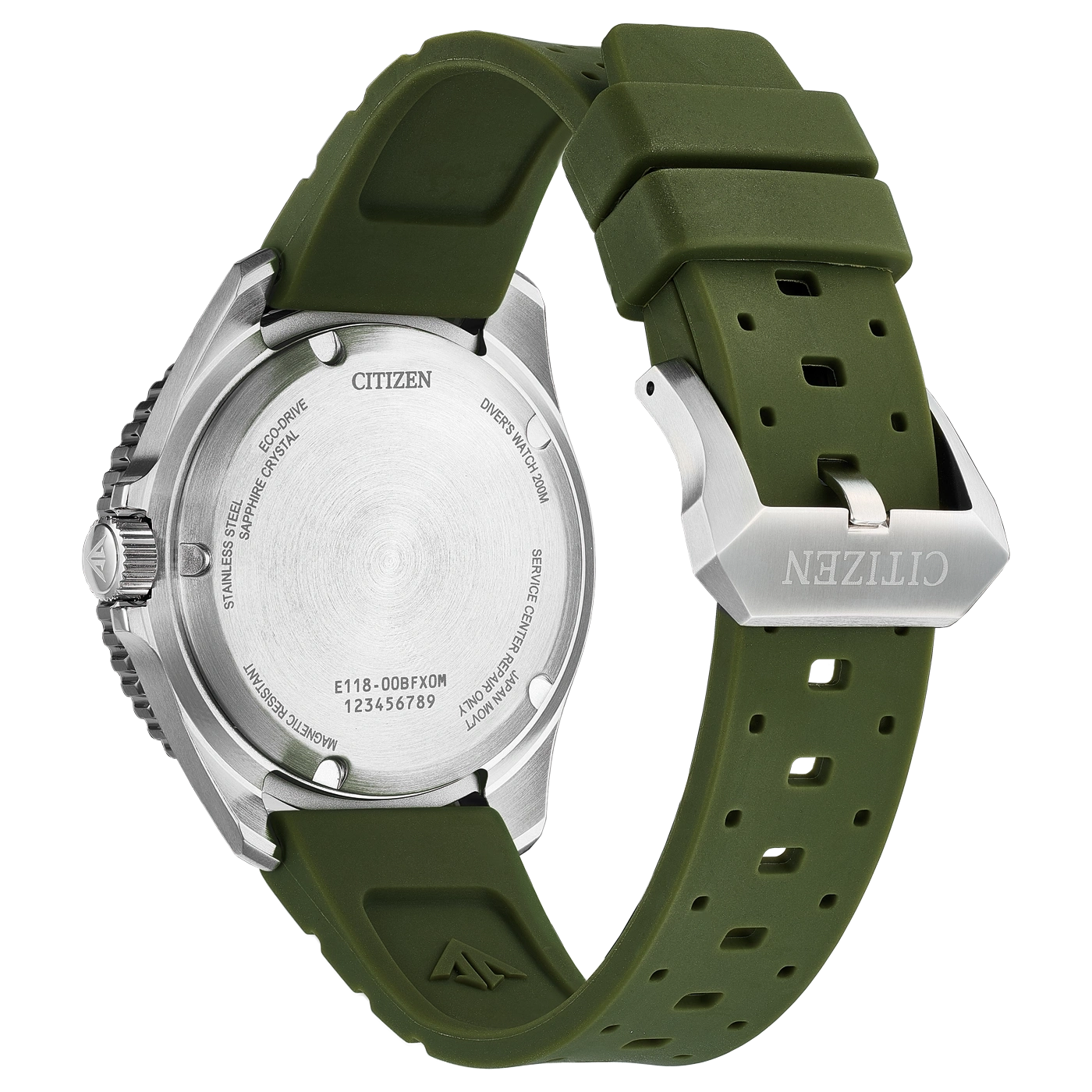 Citizen Eco-Drive horloge achterkant met groene rubberen band en gesp.
