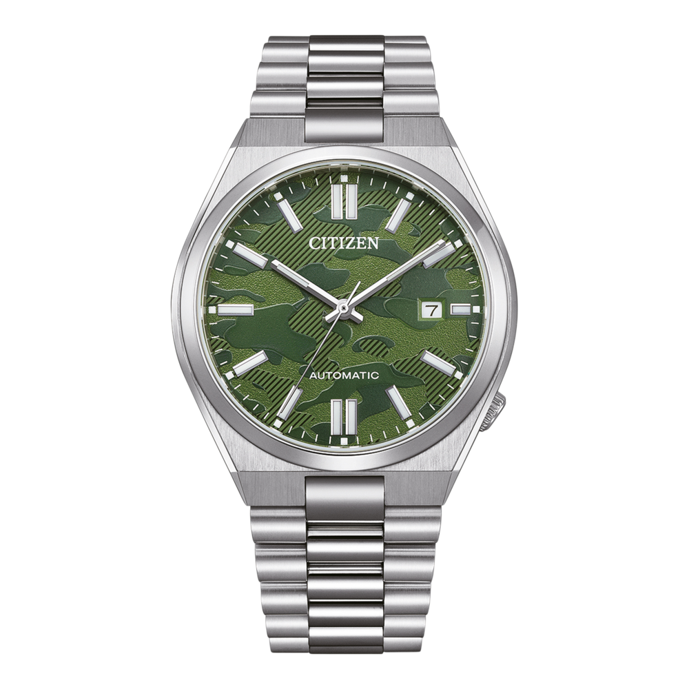 Citizen horloge met groene camouflage wijzerplaat en zilveren armband.