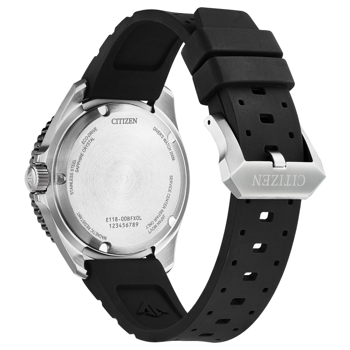 Citizen duikhorloge achterkant met zwarte rubberen band.