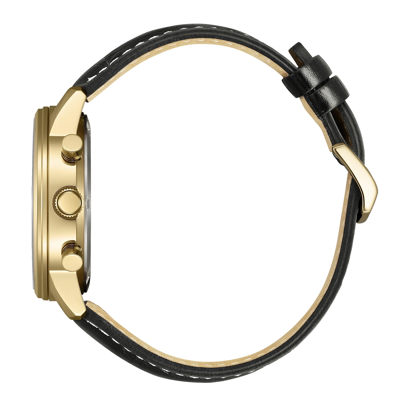 Zijaanzicht van een gouden horloge met een zwart leren bandje en witte stiksels.
