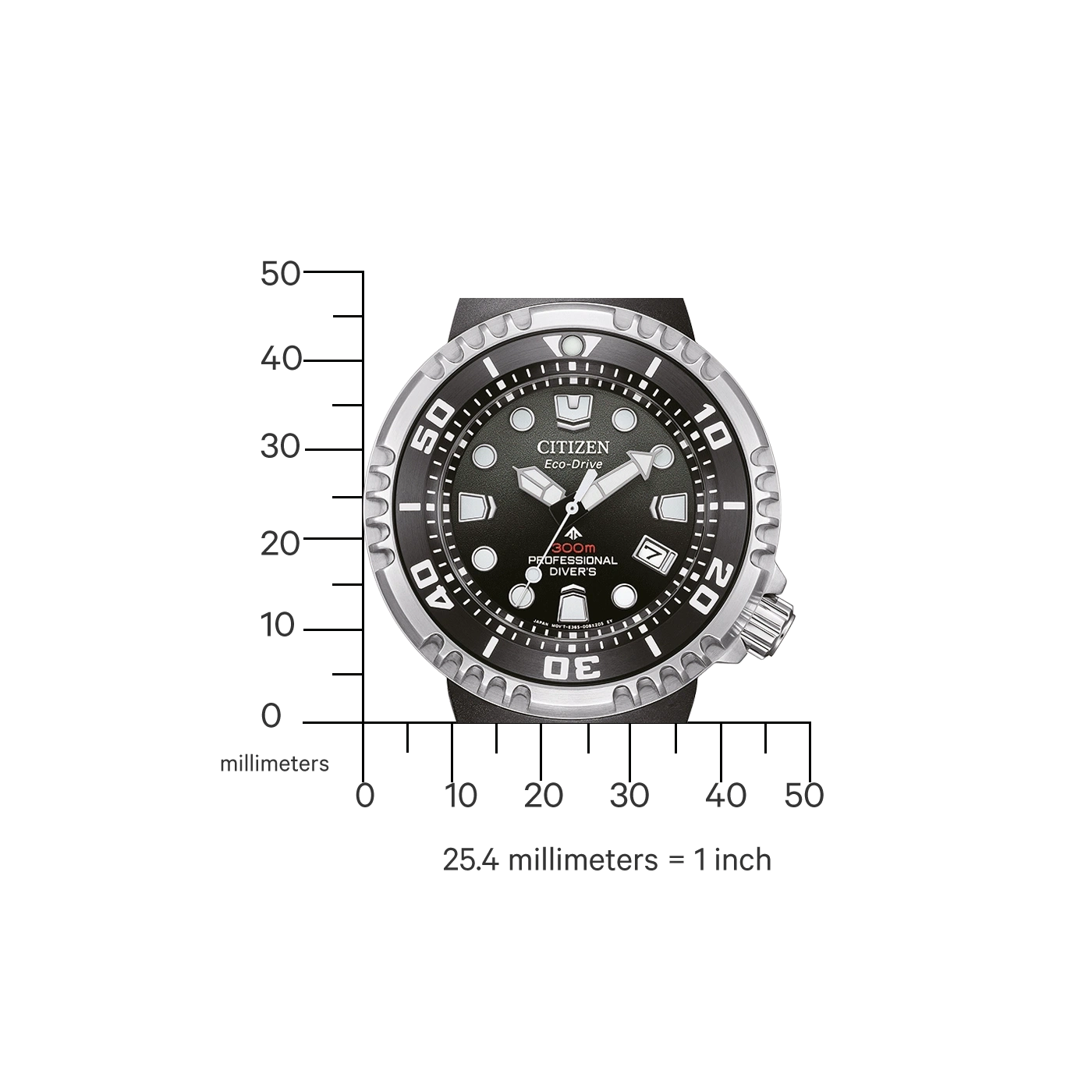 Citizen Eco-Drive horloge met millimeterschaal, zwarte wijzerplaat, professionele duiker.