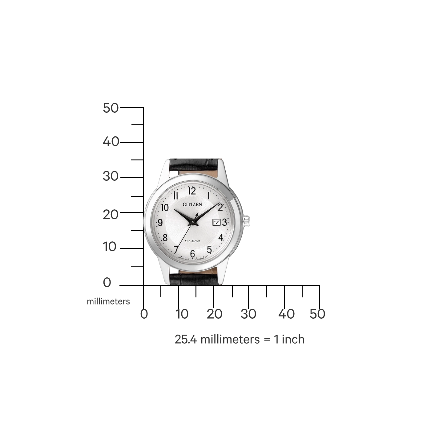 Citizen horloge met zwarte leren band, witte wijzerplaat en zilveren kast. Tijdmeetinstrument.