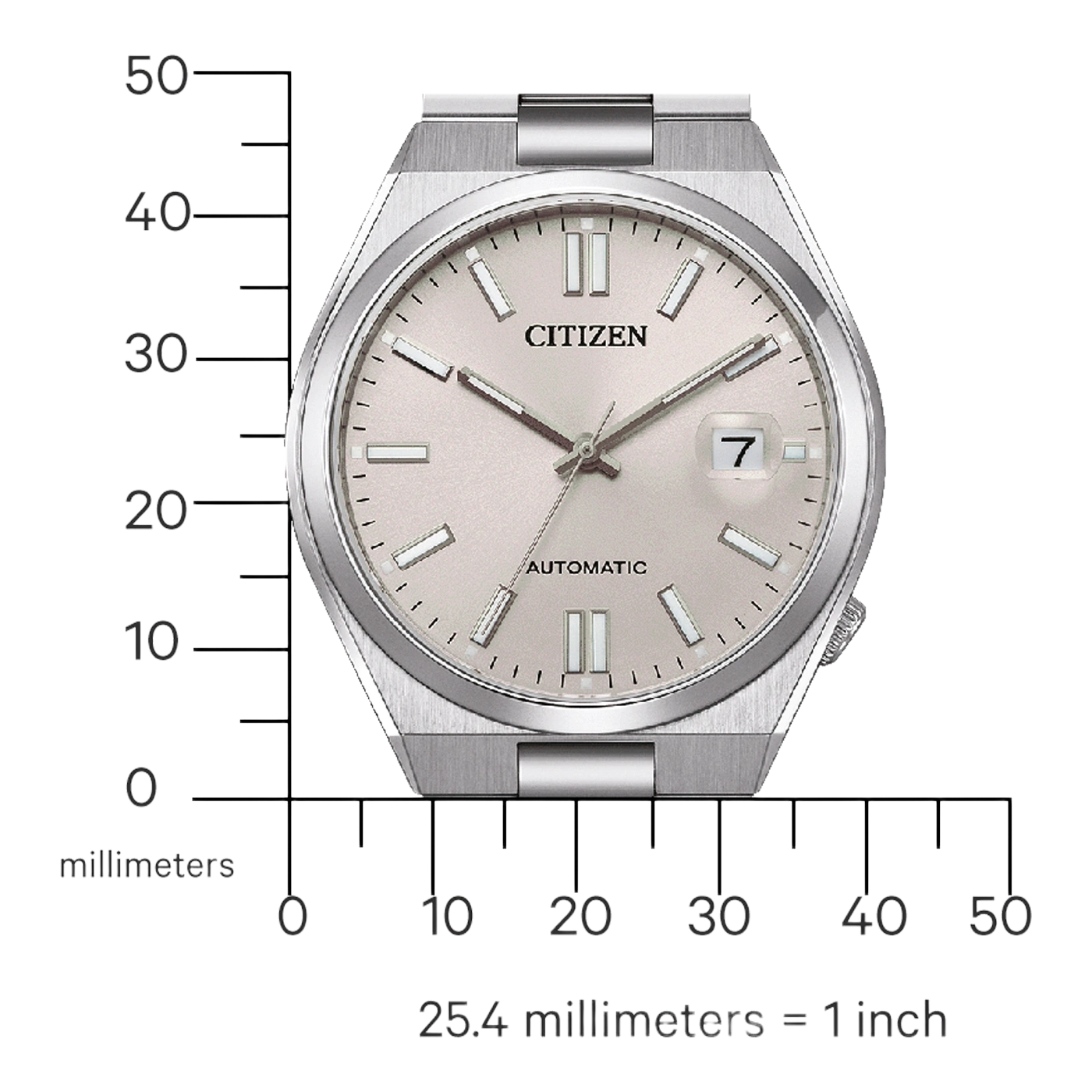 Citizen horloge met zilveren kast en wijzerplaat, automatisch uurwerk, datumweergave.