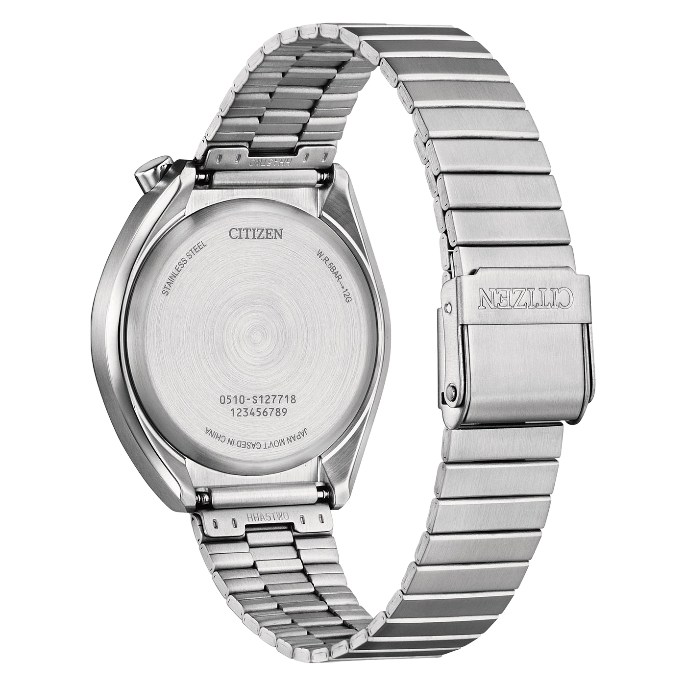 Achterkant van een roestvrijstalen Citizen horloge met modelnummer en waterbestendigheid.