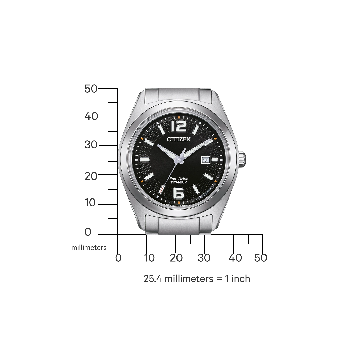 Citizen horloge met zwarte wijzerplaat, titanium, Eco-Drive en meetschaal.