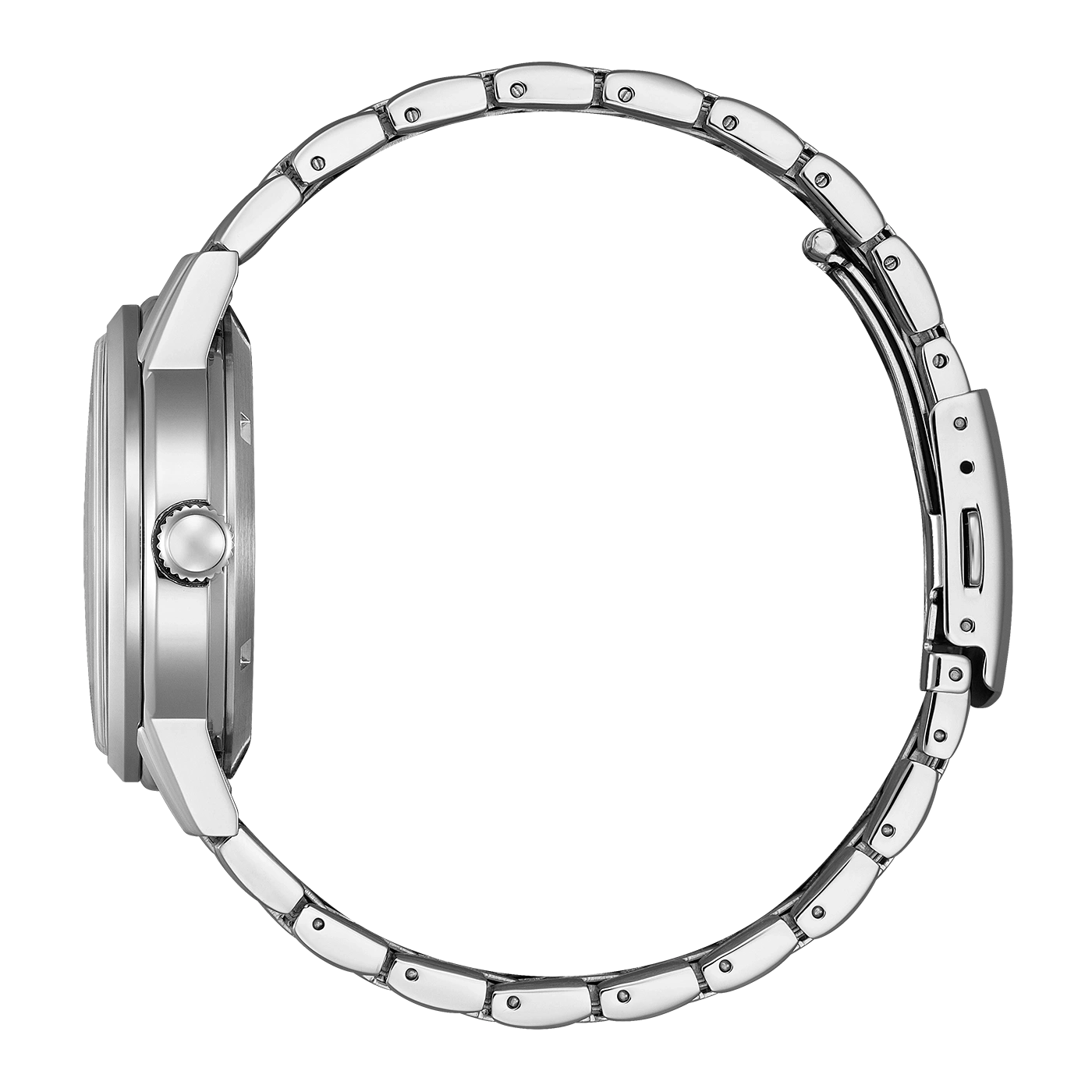 Zijaanzicht van een zilveren horloge met metalen band.