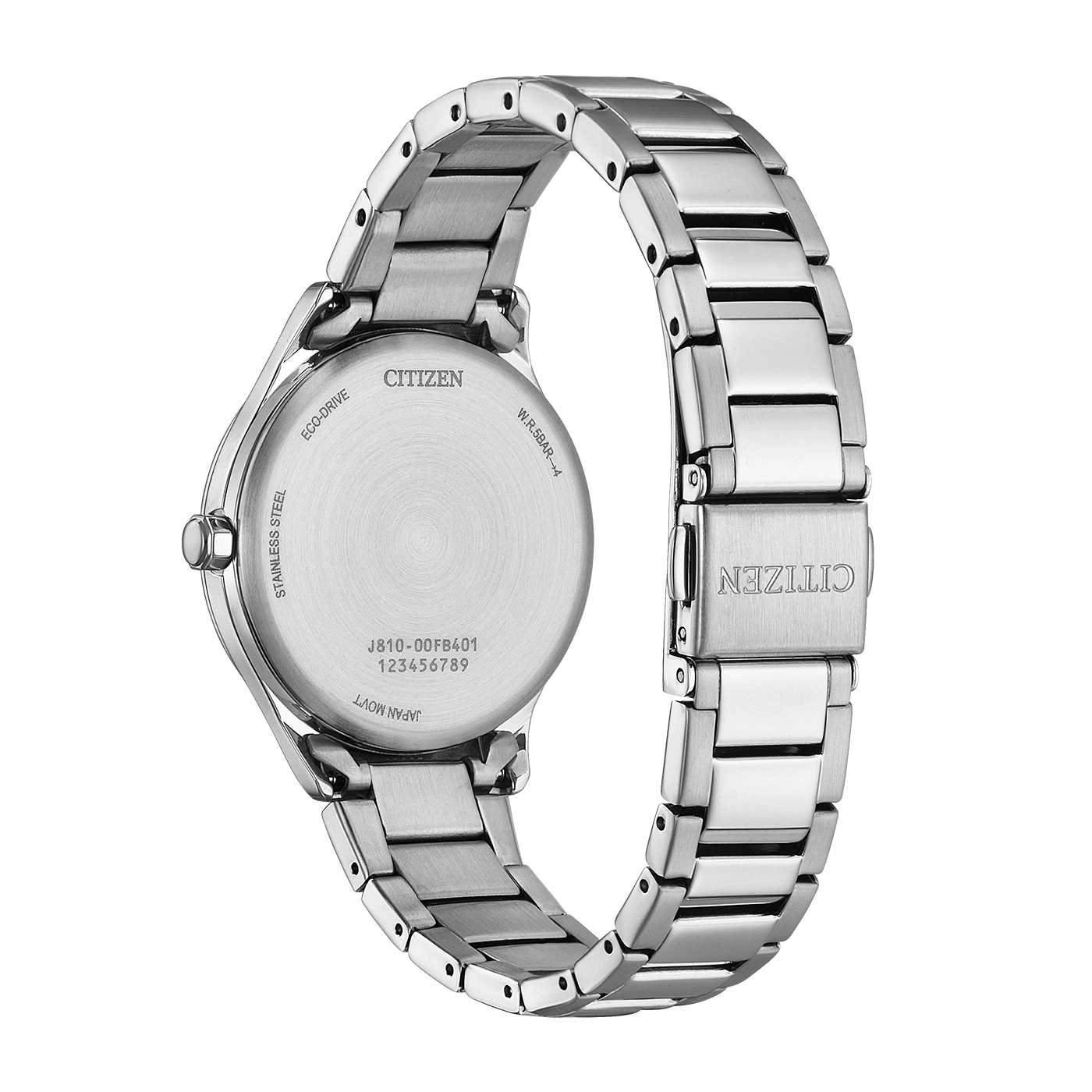 Achterkant van een zilveren Citizen Eco-Drive horloge met modelnummer J810-00FB401.