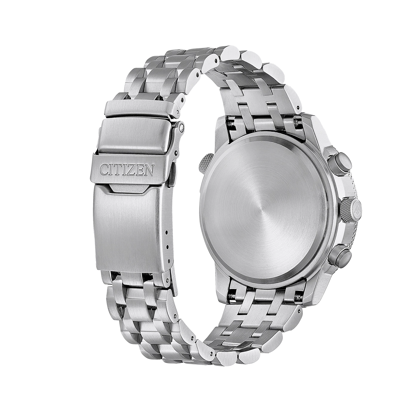 Citizen horloge, roestvrij staal, achterkant, armband, sluiting, accessoire, zilver