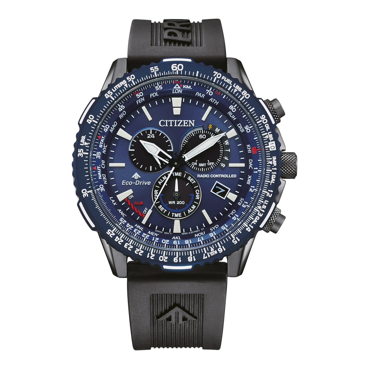 Citizen horloge met blauwe wijzerplaat, zwarte band en meerdere functies voor de luchtvaart.