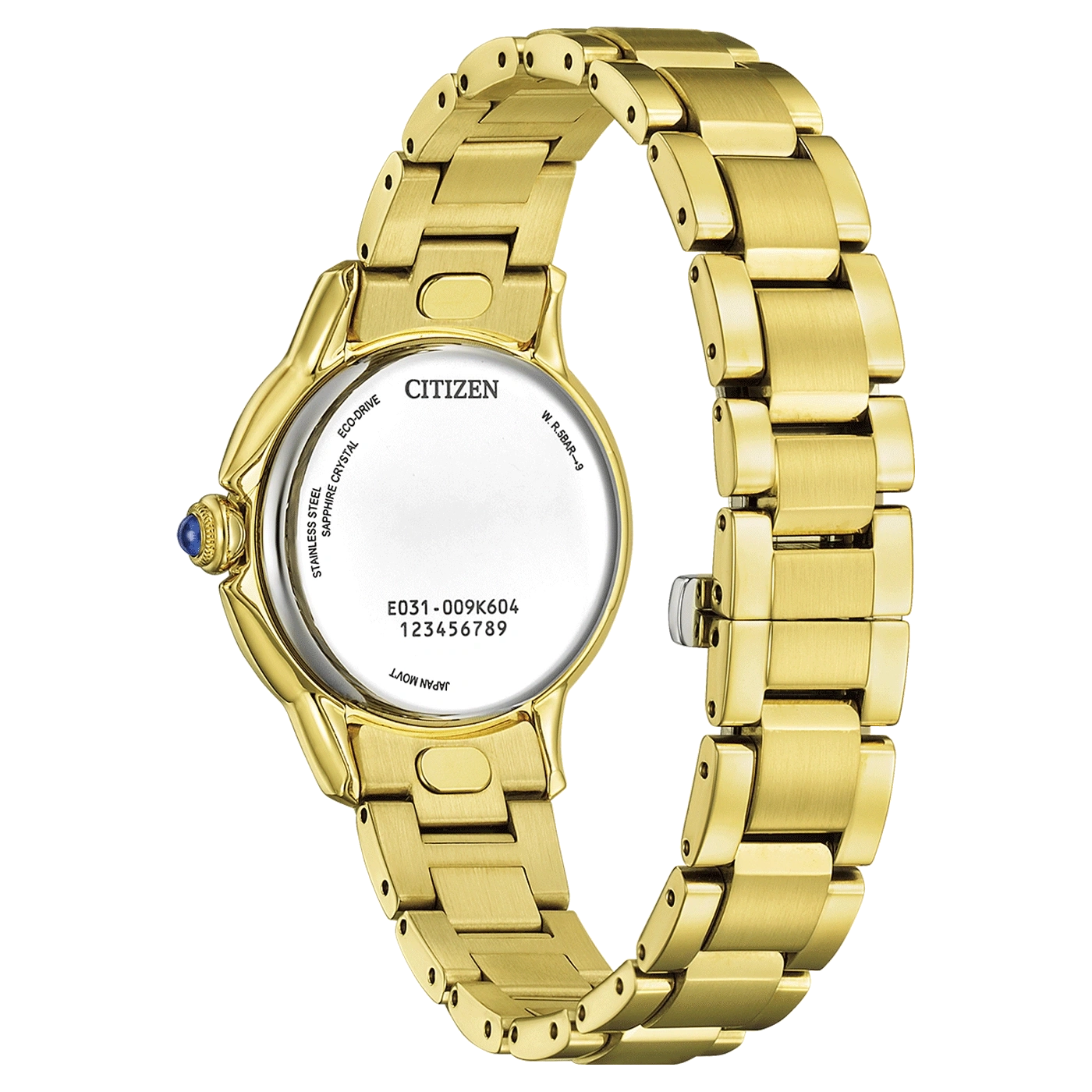 Gouden Citizen horlogerug, roestvrij staal, saffierkristal, Eco-Drive, Japan movt.