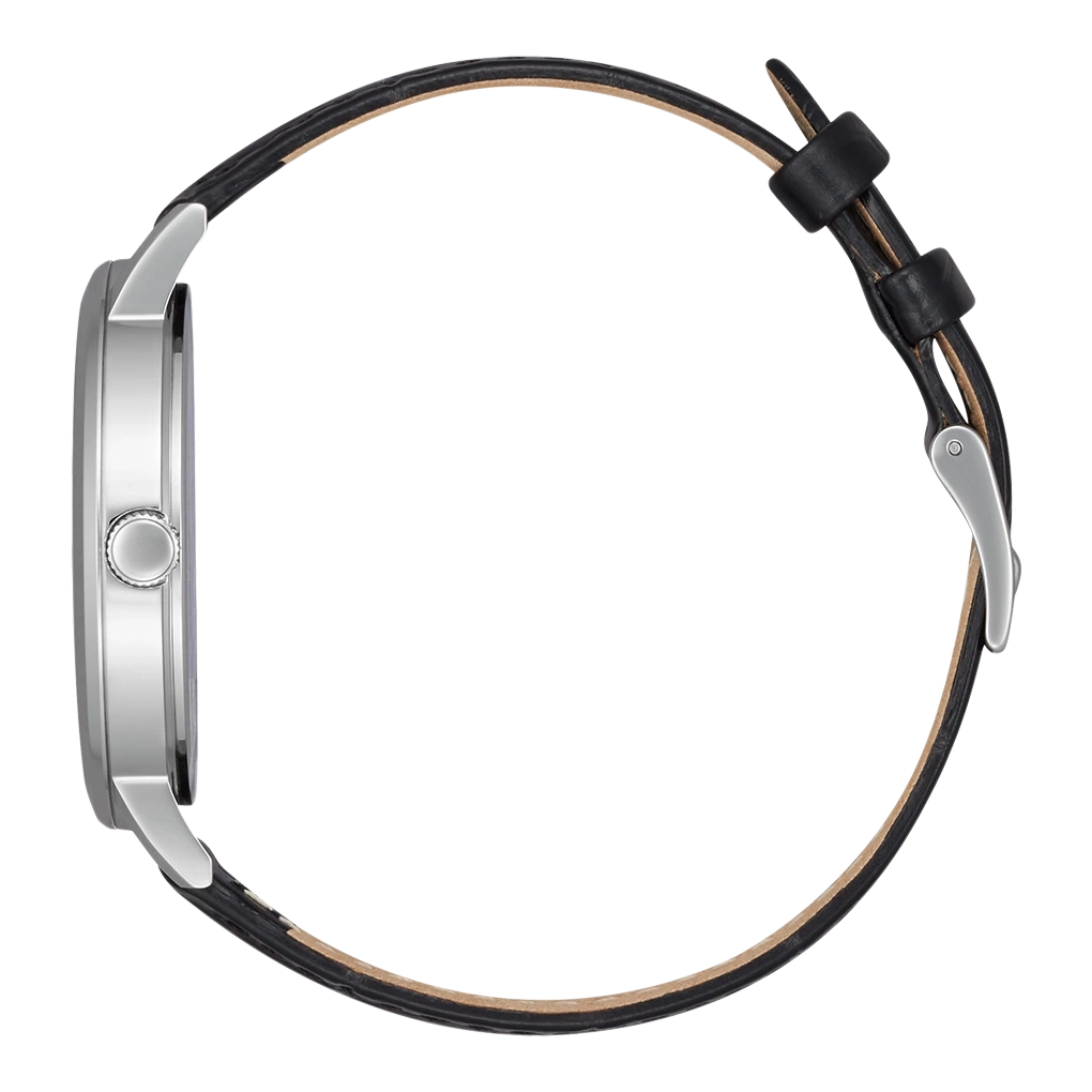 Zijaanzicht van een zilveren horloge met een zwarte leren band.