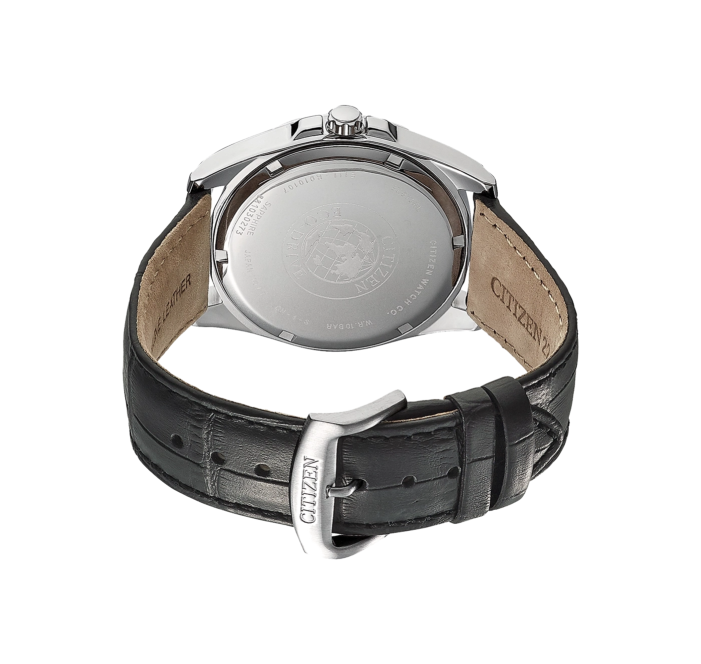 Citizen horloge achterkant, zwarte leren band, saffierglas, waterdicht 10 bar.