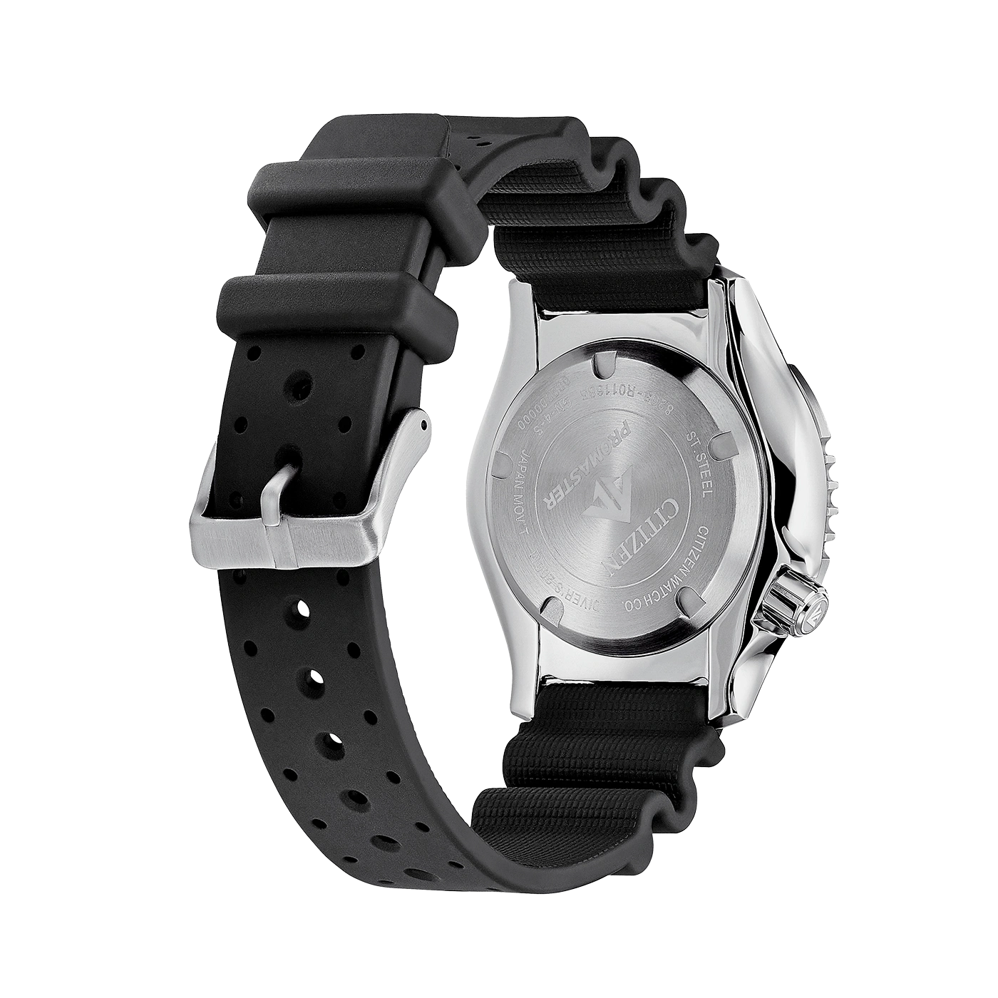 Citizen Promaster horlogerug, zwarte band, roestvrij staal, duikhorloge, close-up