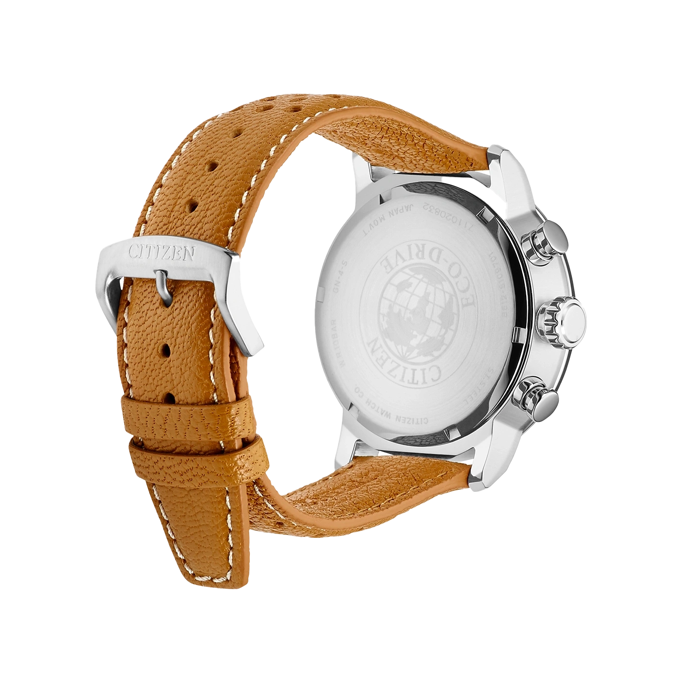 Citizen horloge met bruine leren band, Eco-Drive, roestvrijstalen kast en Japans uurwerk.