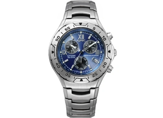 Zilveren Citizen horloge met blauwe wijzerplaat, chronograaf en eeuwigdurende kalender.